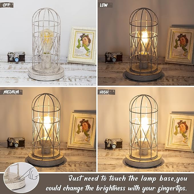Small Table Lamp, Touch Control Table Lamp with Brushed White Oak Cage, Farmhouse Bedside Lamp 3-way Dimmable Nightstand Lamp Edison Lamp for Bedroom, Living Room, Hallway, Kitchen, LED Bulb Included