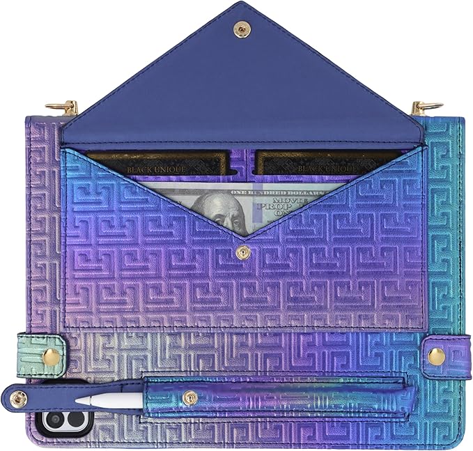 Shiny Case for iPad Pro 11" M5 M4 (2025/2024) Handbag Case, Techcircle Iridescent PU Leather Folio Envelope Pocket Stand Cover with Hand Strap+Shoulder Strap+Pencil Holder+Card Slots, Shiny Indigo