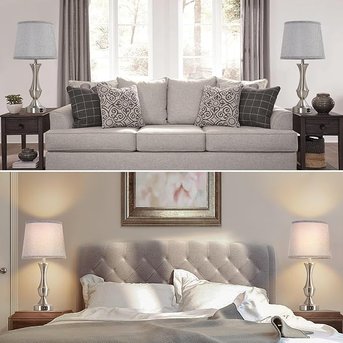 Touch Table Lamps Set of 2, 22" Tall Bedside Lamps, Nightstand Lamps with USB C+A Charging Ports, Dimmable Lamp for Bedrooms, Living Room, Office, Silver Lamp with Grey Lampshade, Bulbs Included