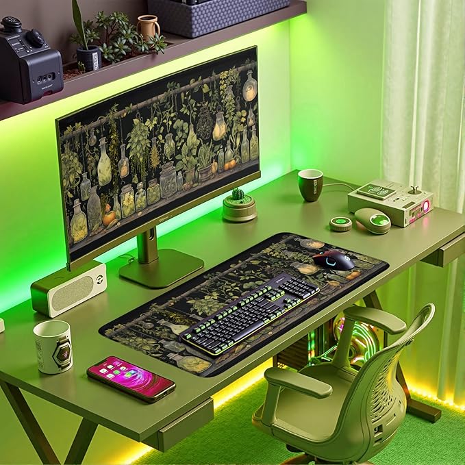 Witchy Botanical Green Plants Desk Mat Mouse Pad Large Gaming Mouse Pad Mystical Dark Cottagecore Mousepad Computer Laptop Keyboard and Mouse Mat, Desktop Protector Mat