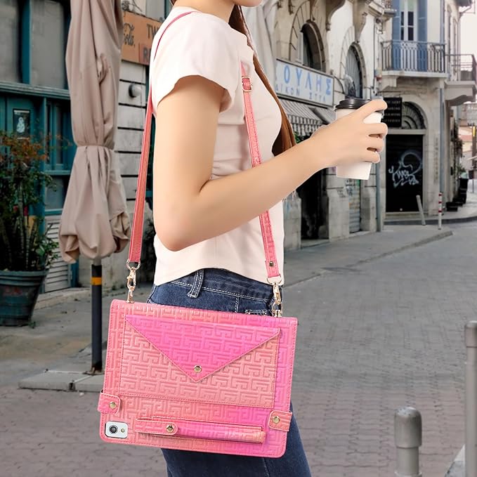 Shiny Case for iPad 6th/5th Gen 9.7 Inch (2018/2017), iPad Pro 9.7"/Air 2, Techcircle Crossbody Iridescent Folio Stand Multi-Pocket Wallet Case with Pencil Holder+Hand/Shoulder Strap, Shiny Rose Pink