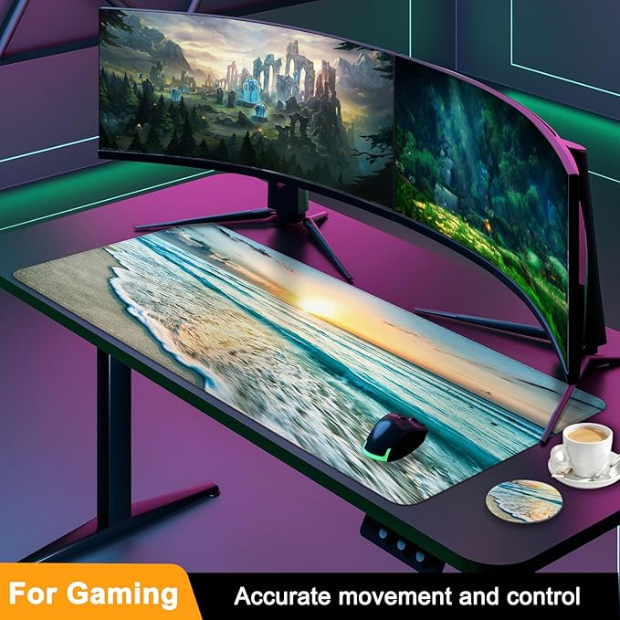 Large Gaming Mouse Pad with Coaster, Desk Matt for Desktop, Desk Pad, Mouse Pads Mat, Stitched Edges Big Extended Mousepad for Computer Keyboard Laptop Office Decor, 31.5'' x15.6''-Beach