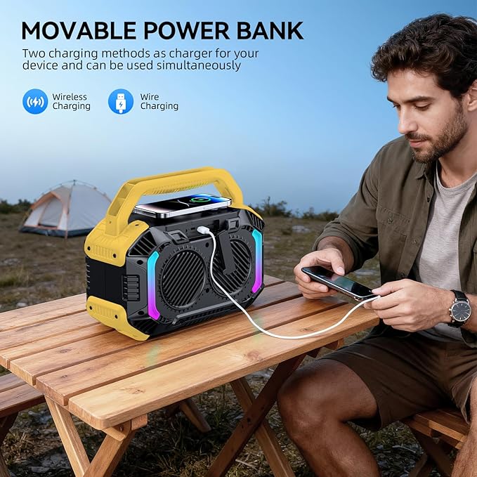 Wilody Speakers Bluetooth Wireless, 100W Loud Outdoor Speaker with Bass, IPX7 Waterproof Floatable, 20H Playtime, Wireless Charge, TWS, RGB Light, Portable Speaker for Work, Garage, Outdoor (Yellow)