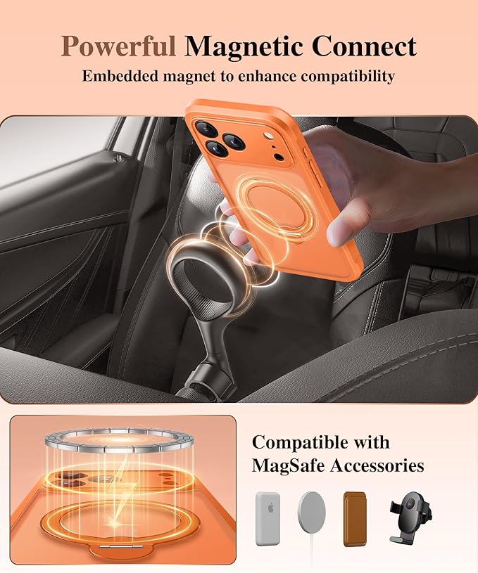 BERFY for iPhone 17 Pro Case, Compatible with MagSafe, Built in Privacy Screen Protector, Shockproof Full Body Phone Case for 17 Pro with Magnetic Stand, Translucent Orange