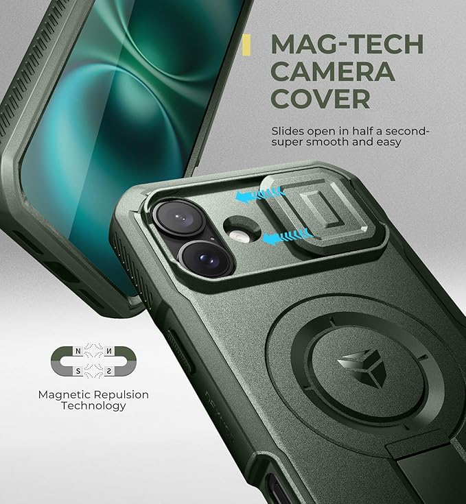 Dexnor for iPhone 16 Plus Case with Slide Camera Cover&Adjustable Kickstand & Built-in Screen Protector,Compatible with MagSafe Shockproof Bumper Cases Heavy-Duty Magnetic Protective Cover,Army Green