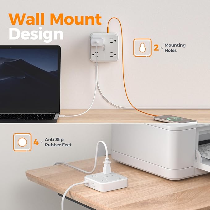 TESSAN Surge Protector Flat Extension Cord 10Ft, Ring Plug Power Strip with 4 Outlets 3 USB Ports (1 USB C), 900 Joules Protection, Multiple Wall Outlet Extender Suitable for Home Office Dorm, Grey