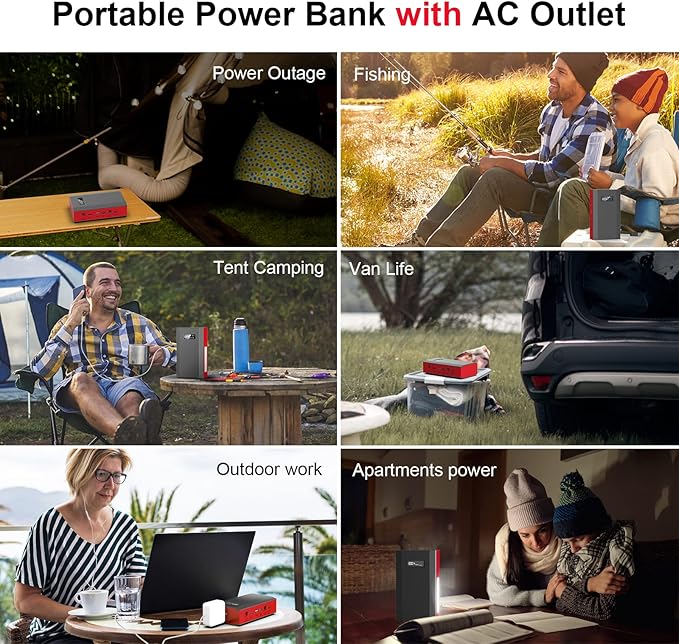 ZeroKor Portable Power Bank with AC Outlet, 65W External Battery Power Pack Portable Laptop Charger Power Source Backup for Outdoor RV Tent Camping Home Smart Device Emergency -Grey Red