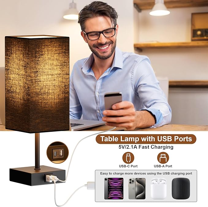 Bedside Table Lamps Set of 2, Touch Bedroom Lamp with USB C+A Charging Ports, 3 Way Dimmable Lamps for Night Stands, Small Table Lamp for Bedroom Decor, LED Bulbs Included, Upgraded Black