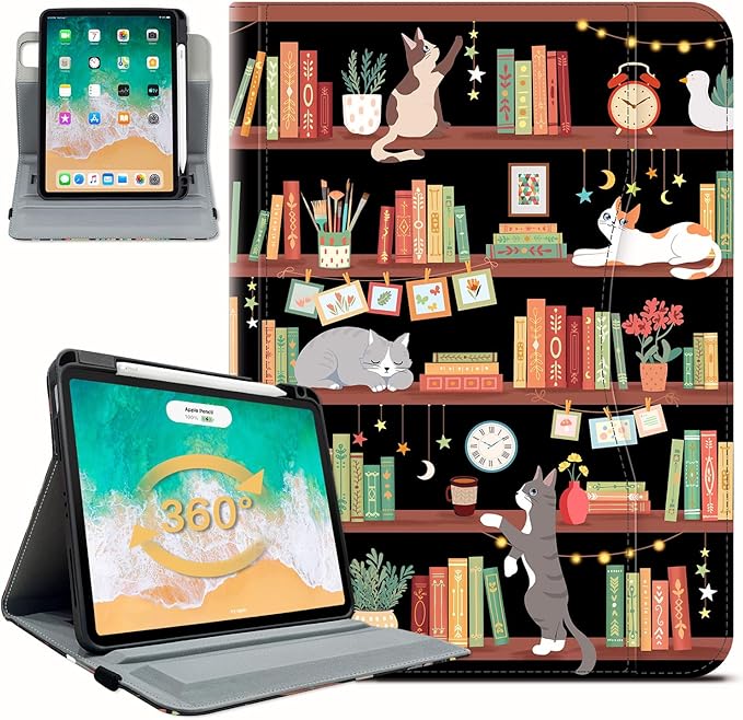 Rotating iPad Air 11-inch Case M4/M3/M2, Case for iPad Air 5th/4th Generation 10.9 Inch, 360 Swivel Multi-Angle Adjustable Stand Pencil Holder/Pocket/Hand Strap for iPad Pro 11-inch case Bookshelf Cat