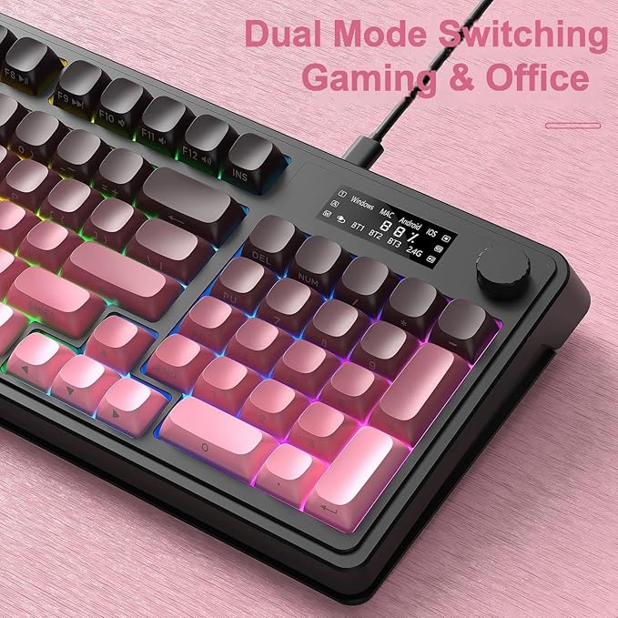 AULA S99 Pro Keyboard, Wireless Keyboards with Media Knob Custom RGB Backlit, 3-Modes BT/2.4G/USB-C Membrane Gaming Creamy Keyboard for Windows/MAC/PC Gamer - Black Pink