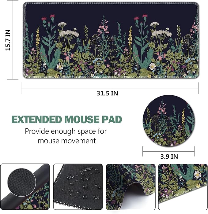 Large Gaming Mouse Pad, AIMSA Extended Mouse Pad with Stitched Edge, XL Keyboard Mouse Mat Non-Slip Rubber Base Desk Pad 31.5x15.7inch for Office Home Game Work -Flowers Plants