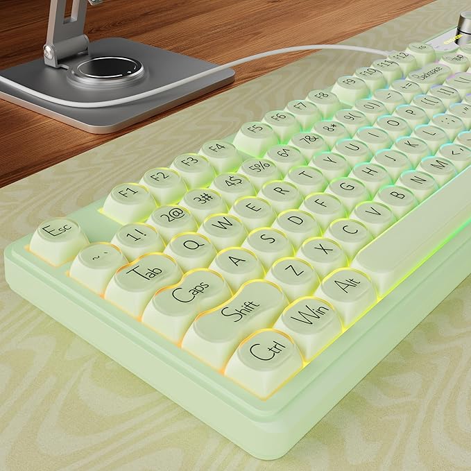 EWEADN V102 Wired Keyboard, 98 Keys Creamy Gaming Keyboard with Display Screen, Media Knob RGB Silent Wired Cute Computer Keyboard for Laptop PC Gamer - Green