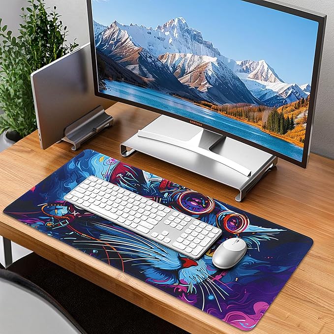 Mouse Pad Gaming - Desk Mat for Keyboard and Mouse - Cool Cat Head Large Mouse Pads for Desk, Gaming Mousepad with Non-Slip Base, Desks Pad (31.5" X 11.8") for Game, Office and Home
