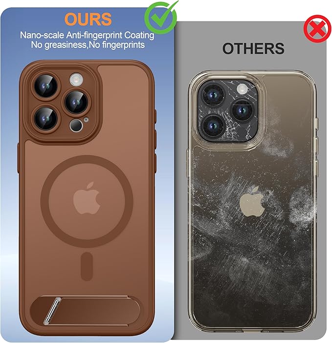 Magnetic Compatible with iPhone 15 Pro Max Case, [Built-in Kickstand][Full Camera Protection][Compatible with MagSafe][Anti-Fingerprint] Shockproof Phone Case for iPhone 15 Pro Max 6.7",Brown