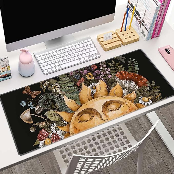 Vintage Sun with Woodland Treasures Desk Mat, Extended Big Mouse Mat for Home and Office, Large Gaming Mousepad Laptop Keyboard Mat with Non-Slip Rubber Base, Stitched Edges (31.50"x11.8"x0.12")