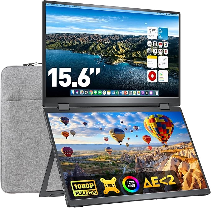 Upperizon Portable Monitor Foldable Dual Screen 15.6 inch FHD 107% sRGB IPS HDMI USB-C Travel Monitor for Laptop Mac PC Windows, DisplayLink Stacked Screen Extender with Kickstand, VESA Compatible