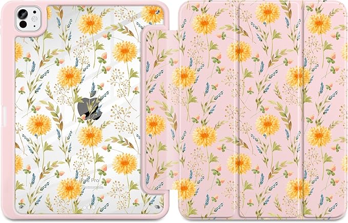 Case for iPad Pro 13 Inch (M5 2025 M4 2024) – [Built-in Pencil Holder], Shockproof & Stylish, Clear Hard Back + Soft TPU Edge, Magnetic Trifold Stand, Auto Wake/Sleep, Yellow Floral