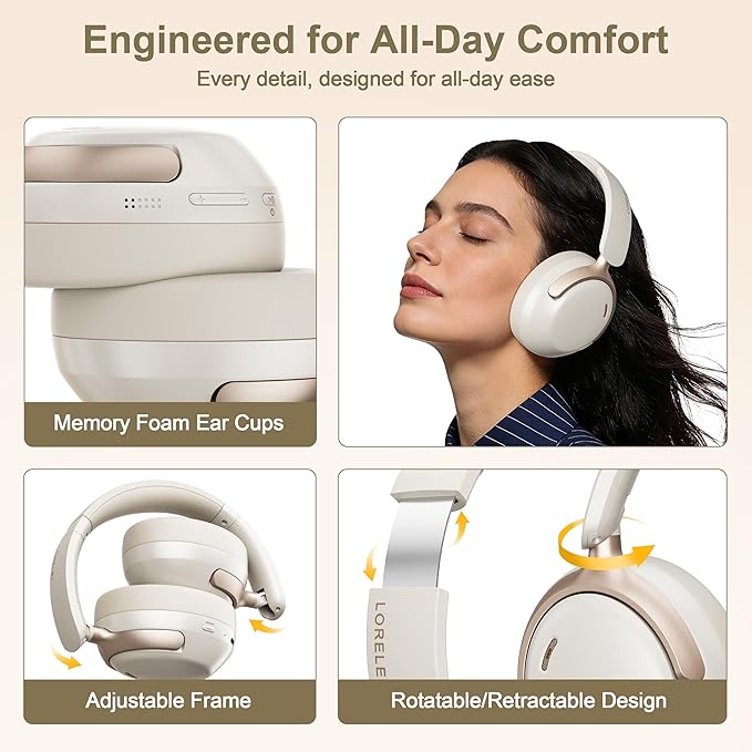 LORELEI QC30 Hybrid Active Noise Cancelling Headphones,Over-Ear Wireless Bluetooth,Beige Protein Leather, Active Noise Control & Transparency Mode,Deep Bass, Built-in Mic