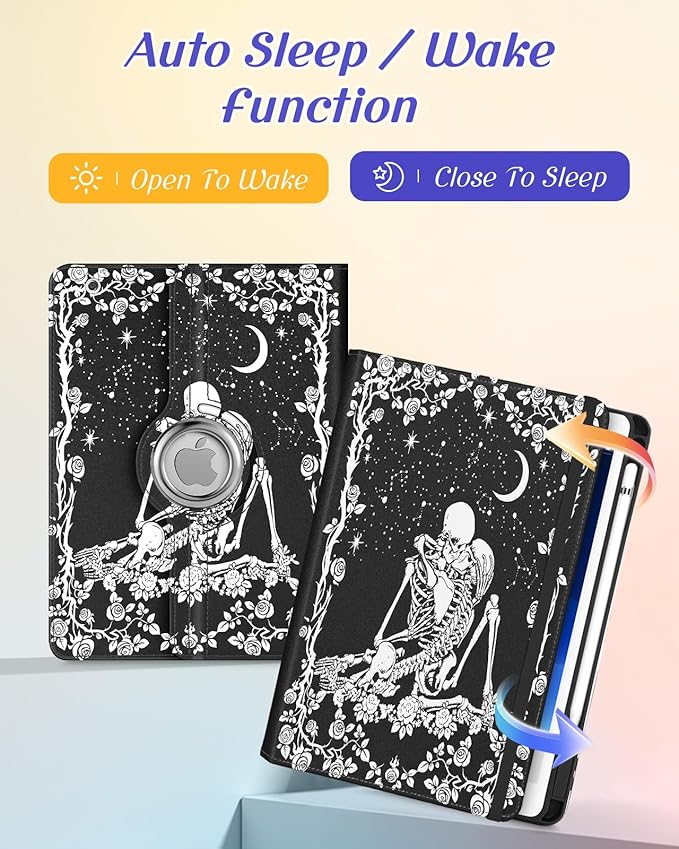 Kidcube for iPad 9th/8th/7th Generation Case 10.2 Inch - for Women Girls Cute Rotating Stand Folio Cover with Pencil Holder & Card Slot Goth Skull Floral Unique Design for iPad 9th/8th/7th Gen Cases