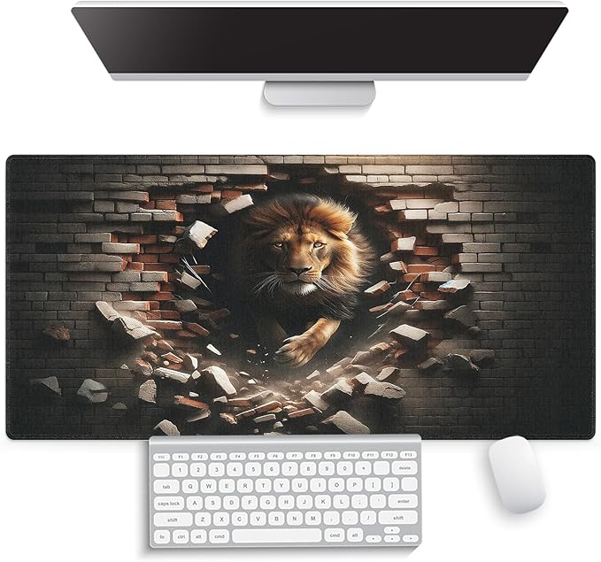 Large Gaming Mouse Pad (31.5" x 15.8") - Lion Modern Illustration of King of The Jungle Emerging from Brick Wall, Extra XXL Extended Office Accessories, Premium Stitched Anti-Slip Desk Mat