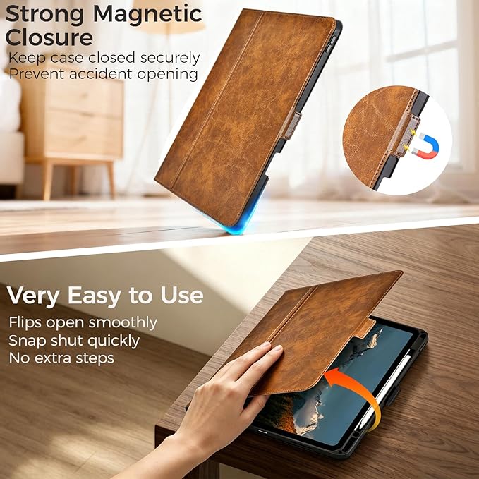 Slim Case for iPad Pro 11 Inch M5/M4 (2025/2024) A3357/A3358/A2836/A2837 with Pencil Holder,Lightweight Cover,Magnetic Closure,Multi Angle Stand,Typing Angle,Auto Sleep/Wake,Brown