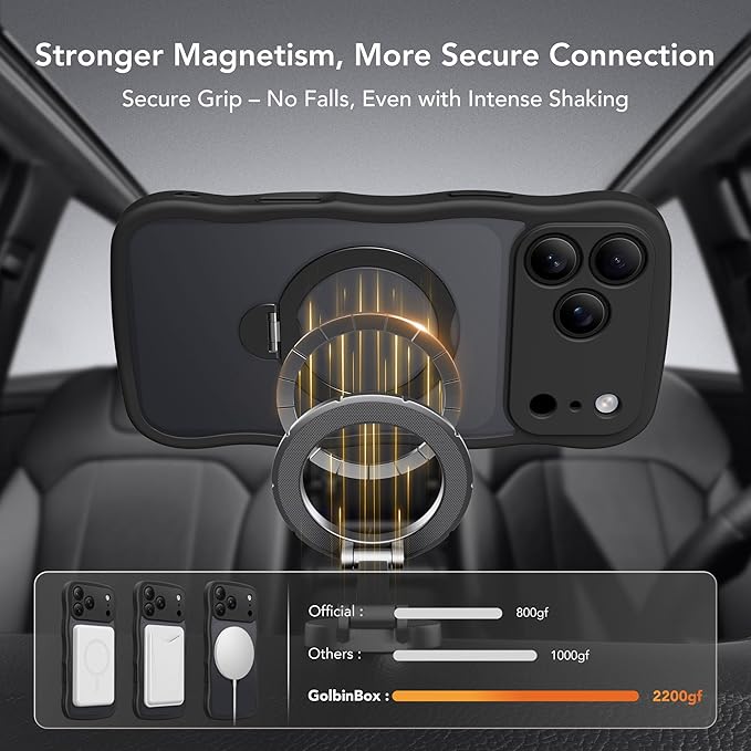 GolbinBox for iPhone 17 Pro Case for Women,[Compatible with Magsafe][360° Spin Magnetic Stand][Cute Wave Edge][Military-Grade Protection] Translucent Matte Phone Case for iPhone 17 Pro, Black