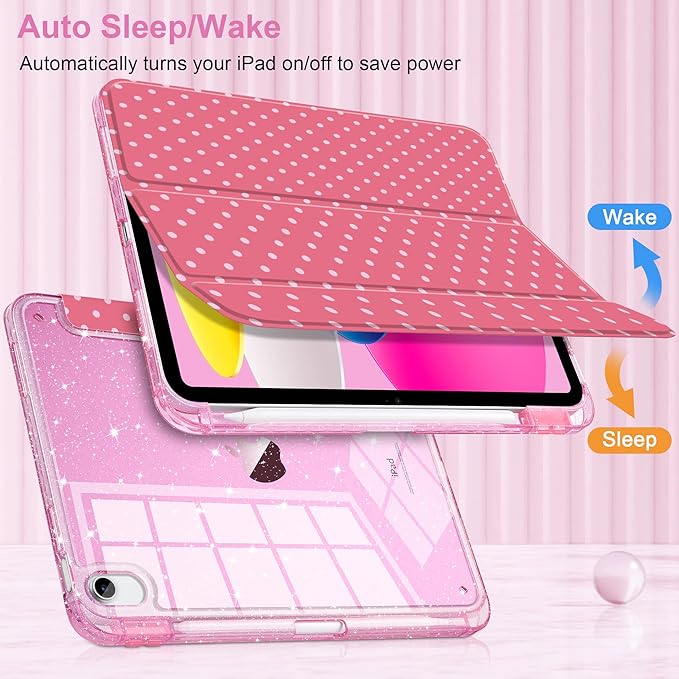 DONGKE for iPad Pro 11 inch Case – Fits M5 2025 / M4 2024, Shockproof Sparkling Glitter Acrylic Back, Pencil Holder, Trifold Stand, Auto Sleep/Wake & Touch ID Support - Dark Pink Polka Dot