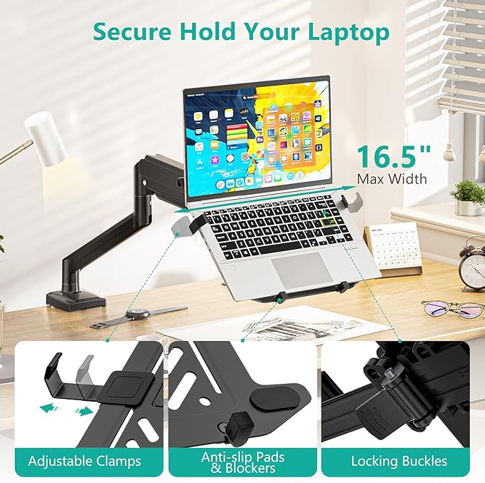 WALI Single Arm Laptop and Monitor Desk Mount for 17" Notebook and Up to 32" Screen, 2-in-1 Adjustable Monitor Arm with Laptop Tray, VESA 75x75 100x100,Holds 22-26.4 lbs, Black (GSMP001NLP)