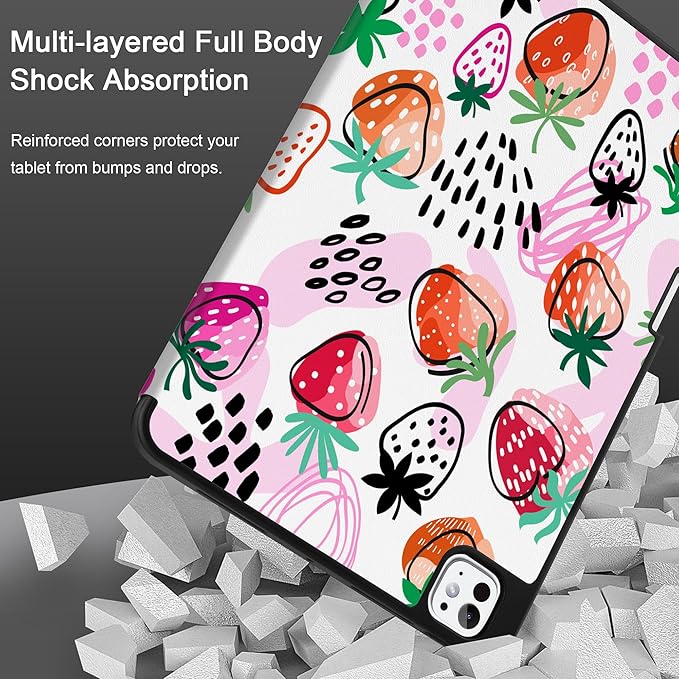 DONGKE Case for iPad Pro 11 inch (M5 2025 / M4 2024, 6th & 5th Generation) – [Built-in Pencil Holder] Ultra Slim PU Leather Trifold Stand Cover with Soft TPU Back, Auto Wake/Sleep, Strawberrys