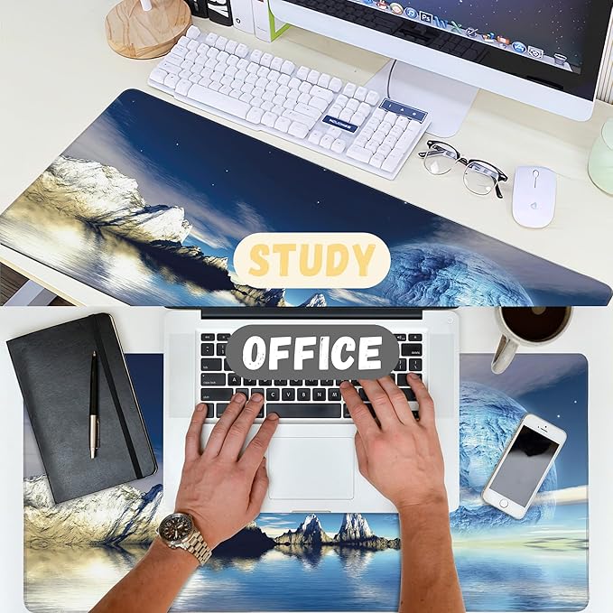 Extended Gaming Mouse Pad SciFi Space Moon Large Mousepad with Stitched Edges,Anti-Slip Rubber Base Keyboard Mouse Mat Desk Pad for Gaming Home Office 35.4 x 15.7 inches