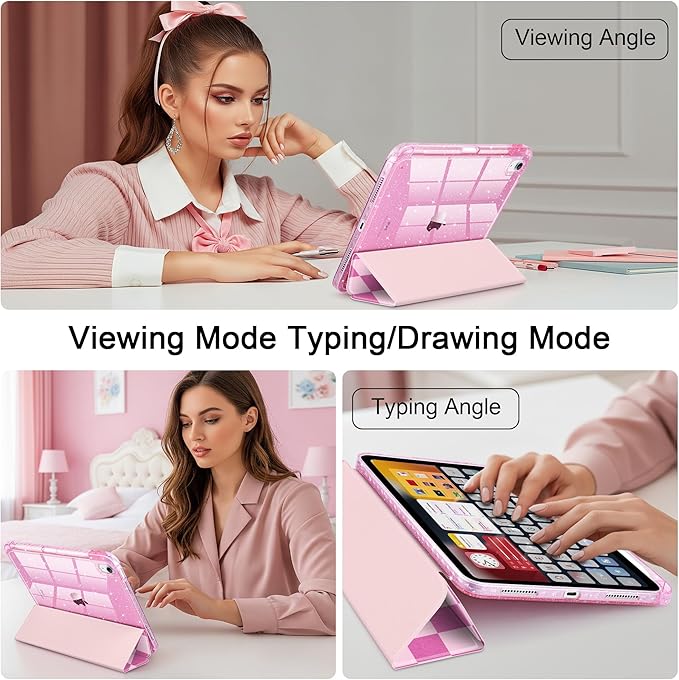 DONGKE for iPad Pro 11 inch Case – Fits M5 2025 / M4 2024, Shockproof Sparkling Glitter Acrylic Back, Pencil Holder, Trifold Stand, Auto Sleep/Wake & Touch ID Support - Pink Checkerboard
