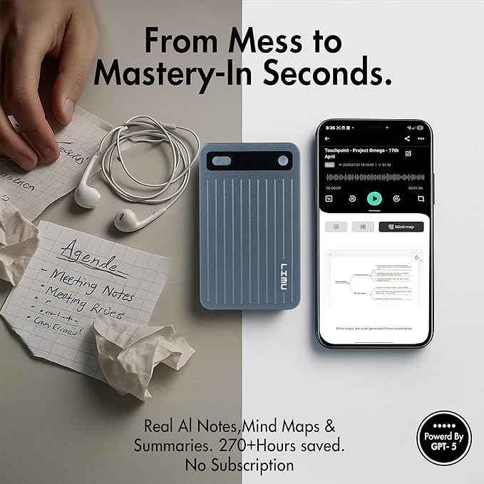 LIMU AI Voice Recorder, German Design AI Note Taking Device with GPT-5, Slim 64GB, 400 Min/Month Audio Recorder, Transcribe, Summarize, MindMap, 125 Language, AI Assist for Meetings, Calls, Lectures