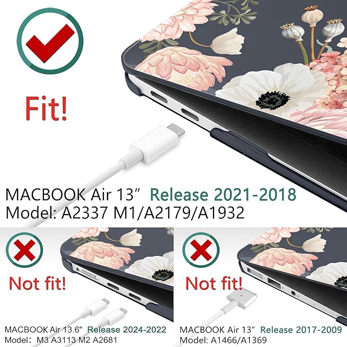 TWOLSKOO for MacBook Air 13.3 inch Case 2021 2020 2019 2018 Release M1 A2337 A2179 A1932 with Touch ID, Plastic Hard Shell Case & Keyboard Cover & Type C Adapter, Rose Flower