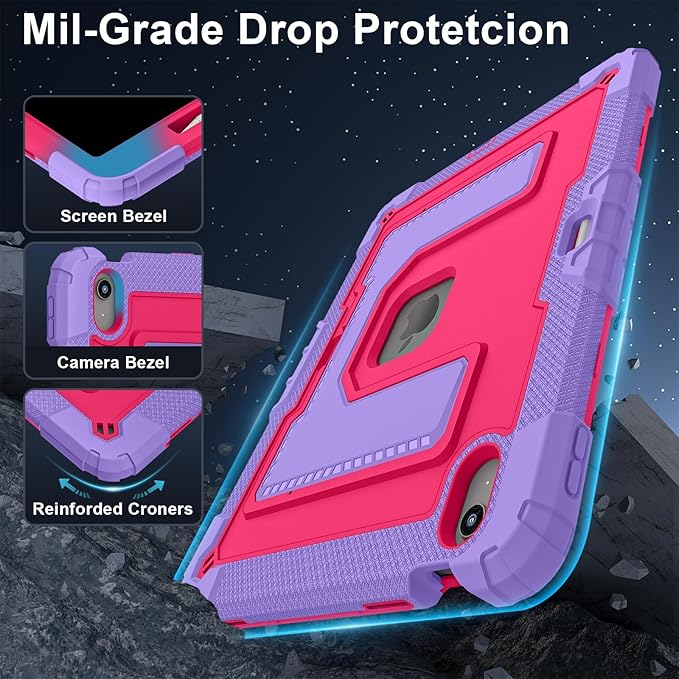 Kids Friendly Case for iPad Air 13 Inch M4 M3 M2 2026/2025/2024 Case with Pencil Holder & Shoulder Strap, Military Grade Shockproof Kickstand Hard Shell Protective Cover,Rose+Purple