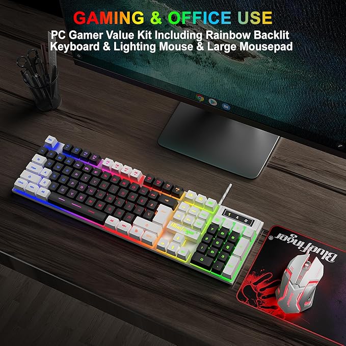 BlueFinger RGB Gaming Keyboard and Backlit Mouse Combo, USB Wired, LED Gaming Set for Laptop PC Computer Game and Work (White & Black)