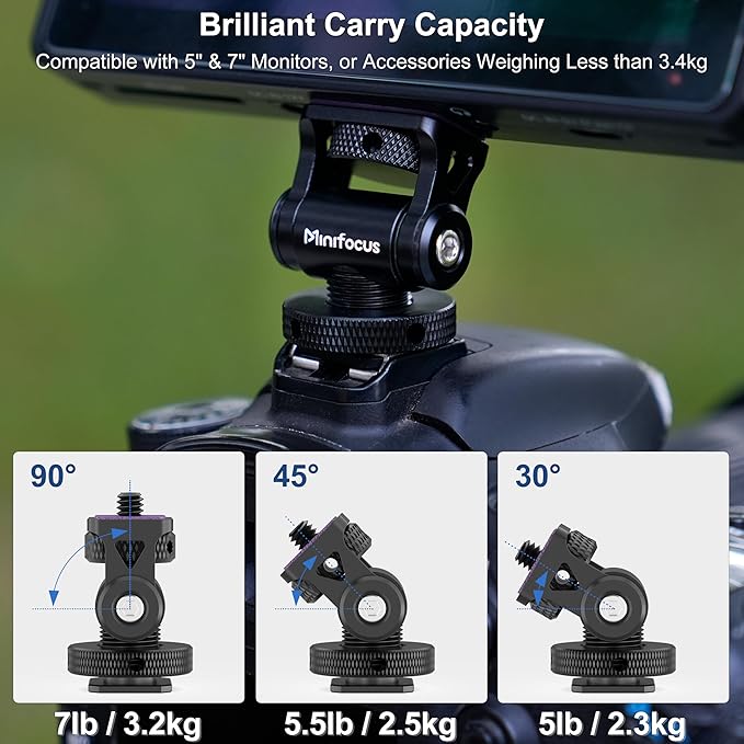 MINIFOCUS Camera Monitor Mount Swivel 360° and Tilt 180° Holder for 5" and 7" Field Monitor with Cold Shoe Mount and 3/8" & 1/4" Screw Hole