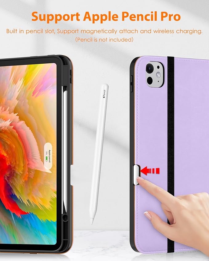 DTTO for iPad Pro 13 inch Case (M5/M4) 2025/2024, Premium Leather Business Folio Stand Cover with Pencil Holder - Auto Wake/Sleep & Multiple Viewing Angles, Built in Hand Strap & Pocket, Lavender