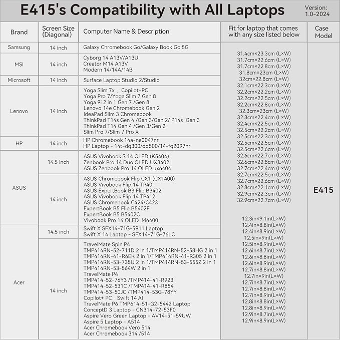 Smatree 14 inch Laptop Sleeve for ASUS Chromebook Flip CX1400, Chromebook C424/C423, ExpertBook B3402/B5402, Vivobook Flip 14 TP401/TP412, Vivobook Pro 14 OLED M6400, Laptop Case with Pocket (E415)