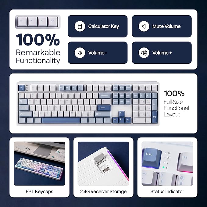 MechLands EPOMAKER TH108 Full Size Mechanical Keyboard, Wireless Gaming Keyboard, 8000mAh Battery, Creamy Gasket, 108 Keys, Hot Swap, Custom Driver, RGB Backlights (Blue&White, Creamy Jade Switch)
