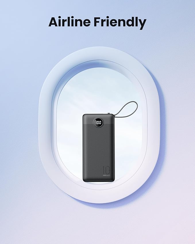 Portable Charger with Built-in Cables, Slim 10000mAh Power Bank with USB C, Travel Essentials External Battery Pack 5 Outputs 2 Inputs LED Display Compatible with iPhone/Android & More(Black)