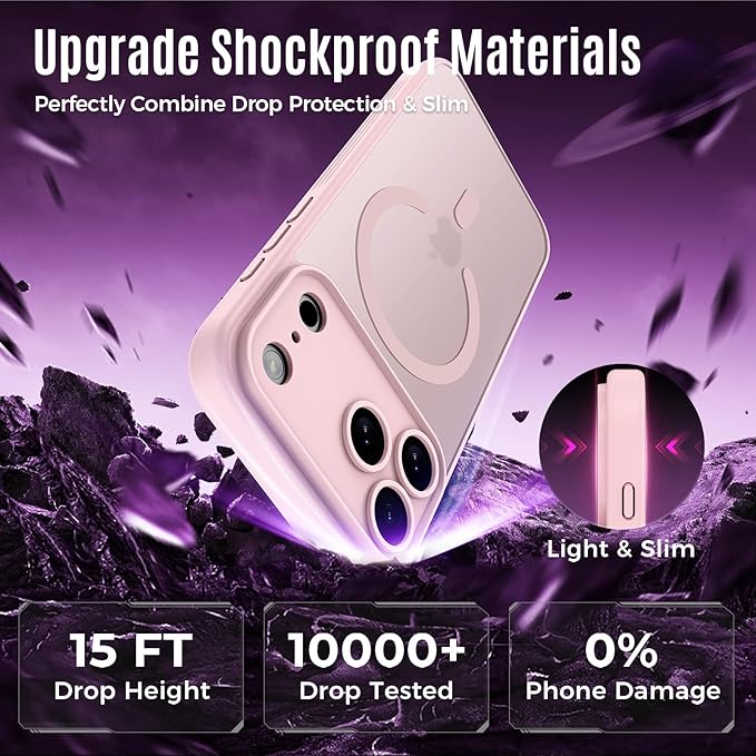 Symcele Designed for iPhone 17 Pro Max Case, Compatible with MagSafe, [Camera Protection] [15FT Military Drop Protection] Shockproof Translucent Matte Anti-Slip Phone Case, 6.9", 6.9", Pink