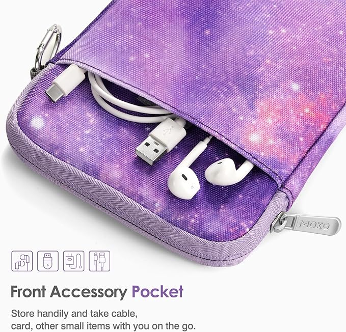 MoKo Padded Ereader Sleeve Case for 6-7 inch Ereader Tablet Bag Protective Cover Pouch with a Carabiner, Compatible with 7" Colorsoft Signature Edition 2024, Purple Starry Sky