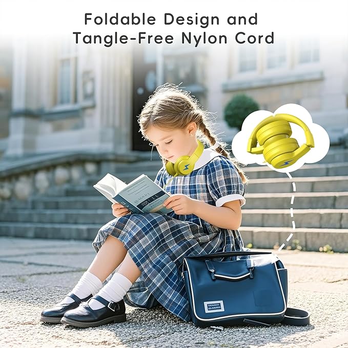 Candy Bila Kids Headphones, Wired Headphones for Kids Over Ear with Microphone, 85/94dB Volume Limiter Headphone for Girls Boys, Foldable Headphone for Learning & Entertainment, Yellow