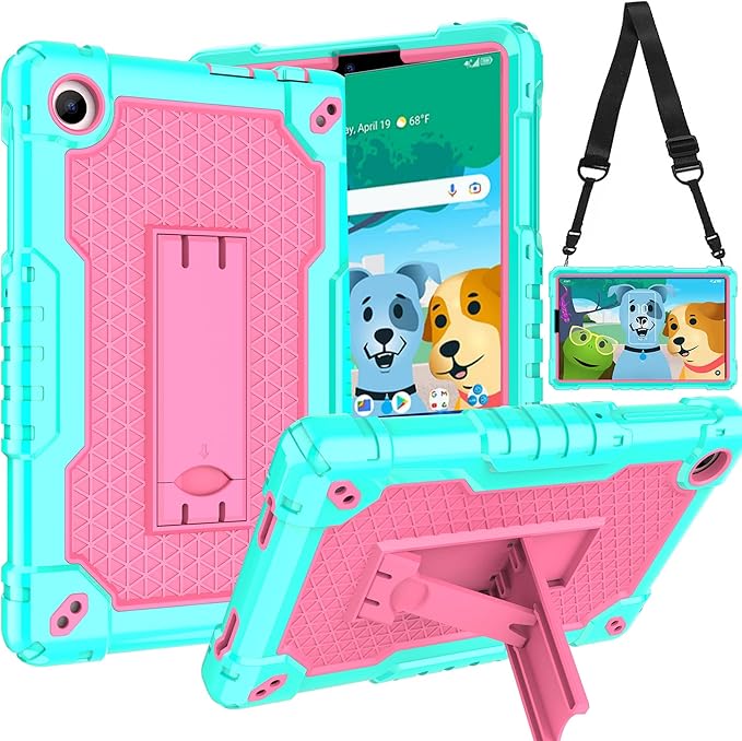 Case for for AT&T Amigo Jr. Tab 8 inch Tablet 9136K - [Built-in Kickstand] Anti Slip Kids Friendly Shockproof Silicone Protective Cover (Green/Pink)