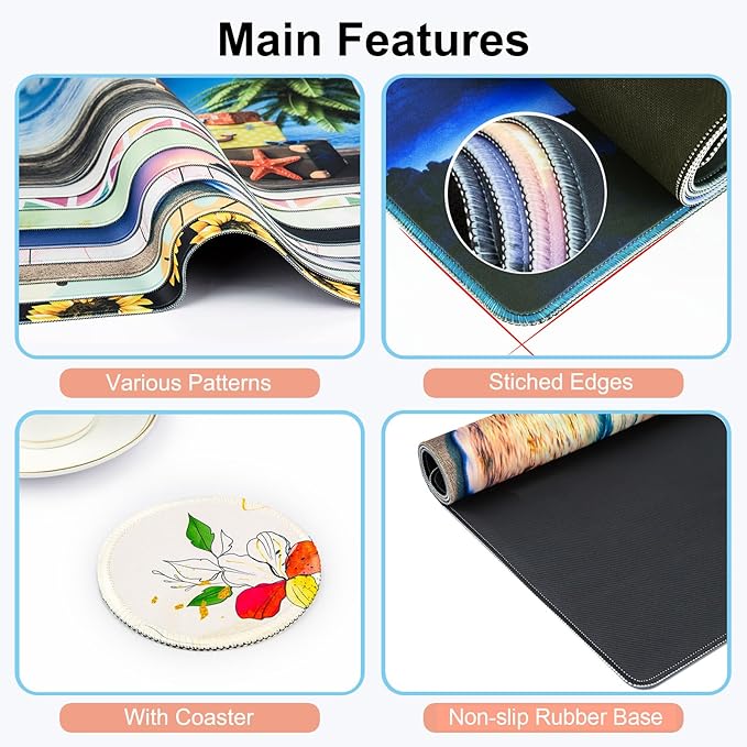 Large Gaming Mouse Pad with Coaster, Desk Matt for Desktop, Desk Pad, Mouse Pads Mat, Stitched Edges Big Extended Mousepad for Computer Keyboard Laptop Office Decor, 31.5'' x15.6''-Flowers&Leaves