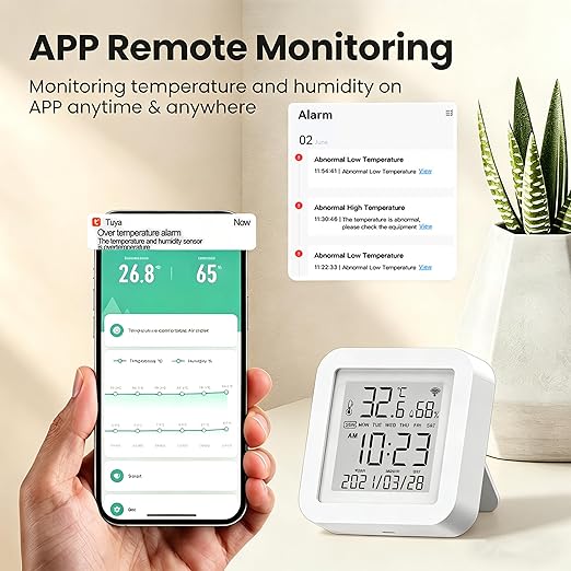 Smart WiFi Temperature Humidity Monitor: TUYA Wireless Temperature Humidity Sensor with APP Notification Alerts, WiFi Thermometer Hygrometer for Home Pet Garage,Compatible with Alexa