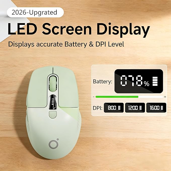 EWEADN Q1 Wireless Bluetooth Mouse, BT & 2.4G Computer Mouse with Battery & DPI LED Screen Display, Type-C Rechargeable with 1600 DPI Levels, 6 Button Silent Ergonomic Mouse for Laptop/PC/Mac-Green