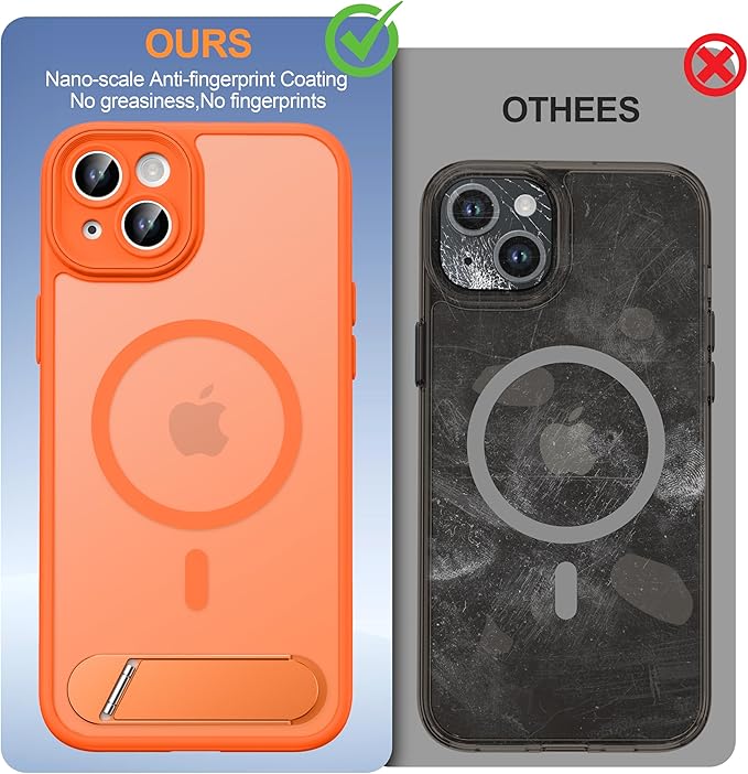 Magnetic Compatible with iPhone 15 Plus Case, [Built-in Kickstand][Full Camera Protection][Compatible with MagSafe][Anti-Fingerprint] Shockproof Phone Case for iPhone 15 Plus 6.7",Orange