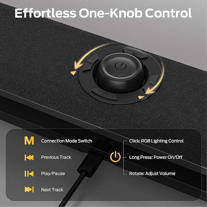 Monster S330 Computer Speakers, HiFi Stereo Sound PC Speakers, Bluetooth 6.0 Computer Sound Bar with Dynamic RGB Light, USB/Type-C Plug & Play, Gaming Speakers for Computer Desktop, PC, Laptop, Tablet