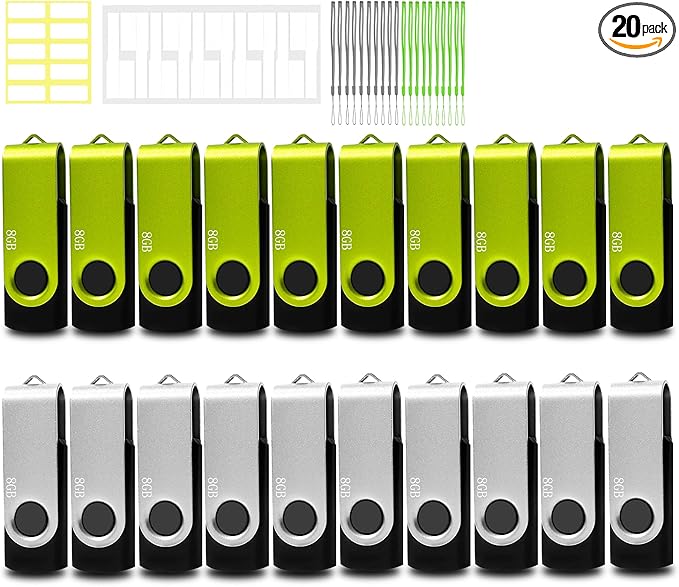 8GB USB Flash Drive 20 Pack Nicepicten Zip Drive USB 2.0 Thumb Drives FAT32 Memory Stick Jump Drives Multipack with 20PCS Lanyards Label (8GB 20Pack, Green Sliver)